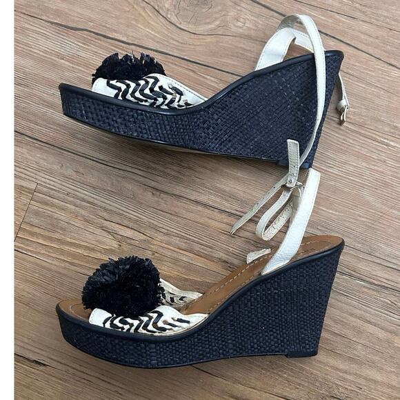 Preloved- Kate Spade Sandals Heels Black Ivory Leather Pom Pom Platform Wedges 8 - Picture 10 of 10